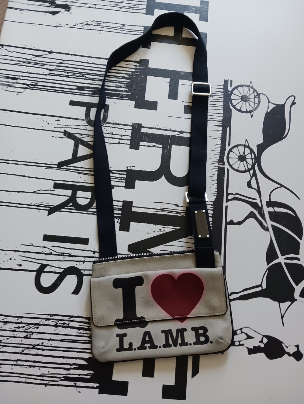 L.A.M.B. Gwen Stefani Vintage Gray Crossbody Bag with Red Heart Accent,